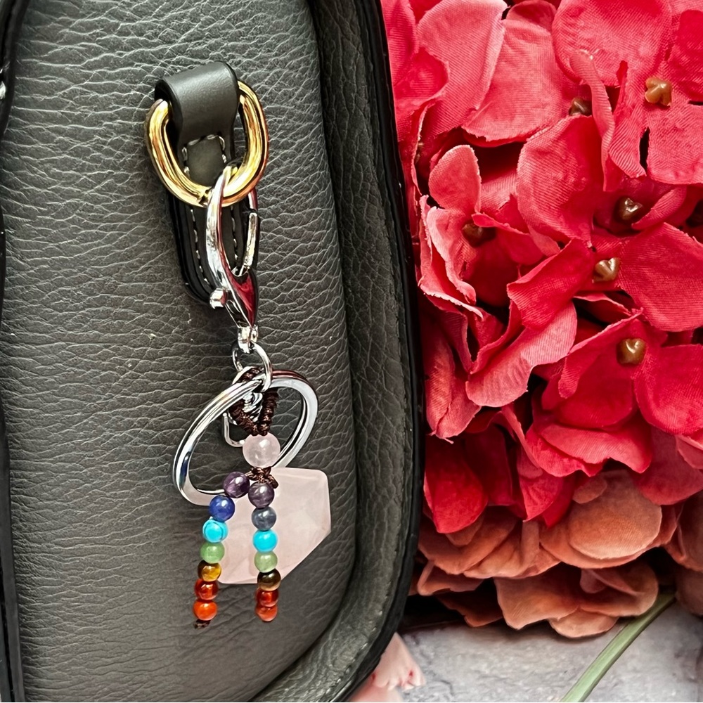 Natural Rose Quartz Hexagon Stone with Rainbow Chakra Keychain Charm - Picture 3 of 14